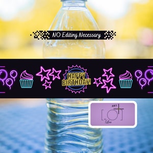 Neon Happy Birthday Water Bottle Labels, Digital Download, Printable Labels, Unique Party Supplies, Party Favors, Retro 80s, I love the 80&#39;s