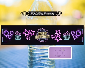 Neon Happy Birthday Water Bottle Labels, Digital Download, Printable Labels, Unique Party Supplies, Party Favors, Retro 80s, I love the 80's