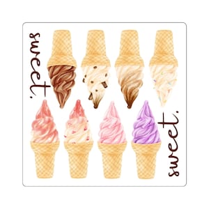 Puede incluir: Nueve conos de helado diferentes con varios sabores y coberturas. Los conos son todos en forma de cono de barquillo y tienen una variedad de coberturas, incluyendo chispas de chocolate, chispas y crema batida. El texto "sweet" está escrito en los lados izquierdo y derecho de la imagen.