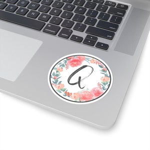 KreisBlume Aufkleber mit Buchstabe "Q"; Laptop Aufkleber, Florale Aufkleber, personalisierte Buchstaben Sticker, Monogramm Sticker, Aquarell Blumen