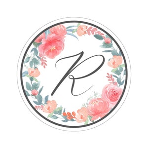 Pegatina de flor circular con letra "R"; Pegatina para portátil, Pegatina floral, Pegatina de carta personalizada, Pegatina de monograma, Flores de acuarela