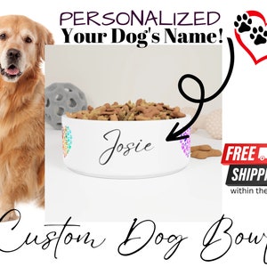 Custom Name 16oz Ceramic Pet Bowl with Hearts, Personalized Pet Name, Ceramic Dog Food Bowl, Fun Pet Supplies, Personalized Dog Lover Gift