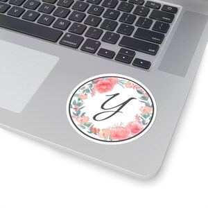 Cirkel bloem sticker met letter "Y"; Laptop Sticker, Bloemen Sticker, Gepersonaliseerde Brief Sticker, Monogram Sticker, Aquarel Bloemen