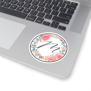Cirkel bloem sticker met letter "M"; Laptop Sticker, Bloemen Sticker, Gepersonaliseerde Brief Sticker, Monogram Sticker, Aquarel Bloemen