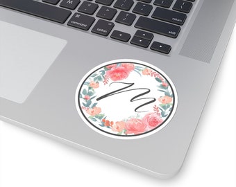 Pegatina de flor circular con letra "M"; Pegatina para portátil, Pegatina floral, Pegatina de carta personalizada, Pegatina de monograma, Flores de acuarela