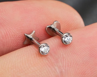 16G Titanium Tiny Heart/Star Bezel CZ Labret Stud/Cartilage Stud/Tragus/Helix/Conch/Flat Back Stud/Lip Piercing/Internally Threaded/Gifts