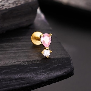 16G Tiny Threadless Flat Back Stud, Pink/Clear CZ Minimalist Push Pin Labret/Nose Piercing/Gold/Silver Cartilage Conch/Helix/Tragus Earring