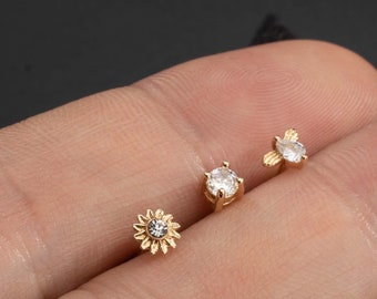 3pcs 20G Gold Bee Flower CZ Nose Studs/L Shape Nose Ring/Nose Bone/Nose Jewelry/Nose Piercing/Nostril Jewelry/Tiny Nose Stud/Straight Stud