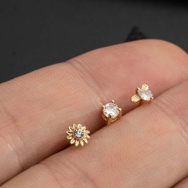 3pcs 20G Gold Bee Flower CZ Nose Studs/L Shape Nose Ring/Nose Bone/Nose Jewelry/Nose Piercing/Nostril Jewelry/Tiny Nose Stud/Straight Stud