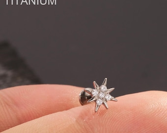 16G Titanium Starburst Internally Threaded Flat Back Stud/Cartilage Stud/Helix/Conch/Tragus Earring Stud/Labret Stud/Labert Piercing Jewelry