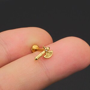 16G Gold Hammered Disc&Axe Internally Threaded Cartilage Earring/Labret Piercing Stud/Beaten discs/Helix/Conch/Tragus/Flat Back Stud Earring