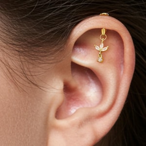 16G Dangle Lotus Flower CZ Vertical Helix Earring-Cartilage Stud, Hidden Rook Piercing, Silver/Gold