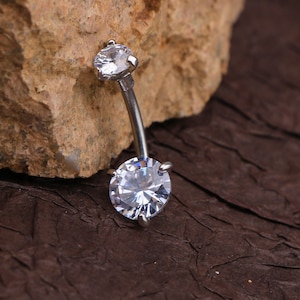 14G Internally Threaded CZ Belly Ring/Faceted Round Belly Button Jewelry/Silver & Rose Gold Navel Jewelry/Belly Piercing/Gift For Her