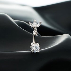14G Lotus Floral Dangle CZ Belly Button Ring/Silver Navel Ring/Belly Piercing/Navel Jewelry/Curved Barbell/Reverse belly ring/1PCS/Gift