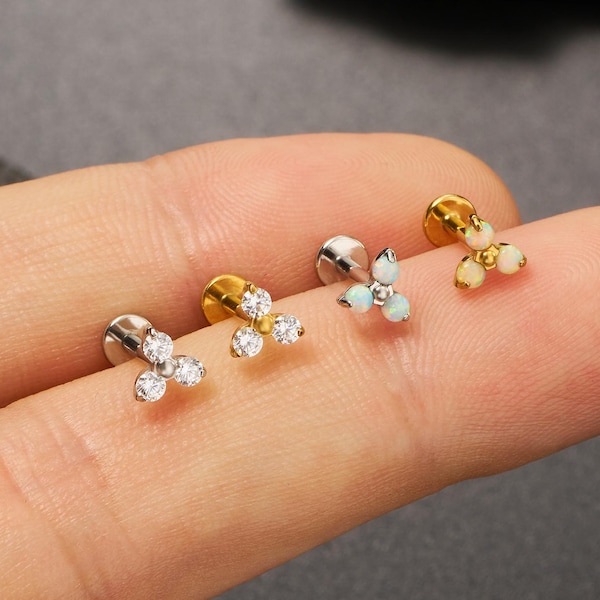 16G/18G Threadless Trinity Flower Opal/CZ Stud/Gold Flower Cartilage Stud/Push Pin Labret Stud/Nose/Tragus/Conch/Helix Flat back Earring