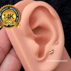 14K Gold Threadless Four Bead Cluster Piercing/Push pin labret Stud/Nose/Tragus/Cartilage/Conch/Forward Helix Piercing/Flat Back earrings
