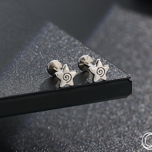 16G Spiral Star Labret Stud – Internally Threaded – Cartilage, Helix, Conch, Flat Back Earring, Gold or Silver, 1pcs
