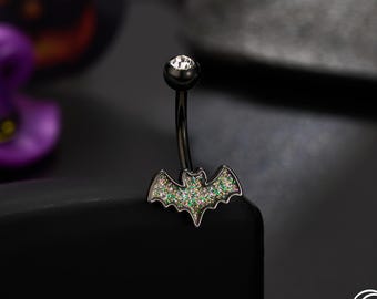 Halloween Bat Belly Button Ring, 14G Glitter Black Bat Navel Ring | Sparkly Bat Navel Jewelry | Gothic Belly Piercing | Halloween Navel Ring