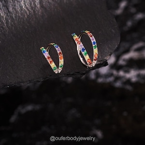20G Double Rainbow CZ Nose Ring/Septum Ring/Cartilage Hoop/Nose Piercing/Single pierced Hoop Earring/Nostril hoop/Helix/Conch Hoop Earring