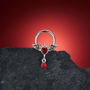 16G Red Heart CZ Wings Septum Ring/Arrow through heart Hoop/Cartilage Earring/Halloween Jewerly/Helix/Conch/Tragus Piercing/Septum Jewelry
