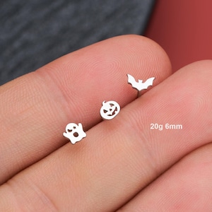 Juego de 3 pendientes nasales en forma de L con diseño de calabaza, murciélago y fantasma (20 g) / Anillo nasal / Joyería nasal / Joyería para piercing nasal / Pequeño pendiente nasal plateado / Regalos de Halloween