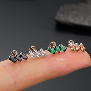 16G Implant Titanium Baguette Cut Three Stone Stud Earrings/Black Emerald Champagne Cartilage Stud/Helix/Conch/Tragus/Labret/Monroe Piercing