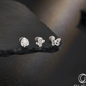 3PCS 16G Threadless Cactus, Butterfly, Leaf Stud Earring, Flat Back Earring, Cartilage, Helix, Conch Piercing