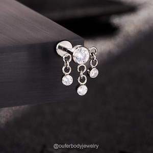 16G Surgical Steel Dangle CZ Cartilage Stud/Conch Stud/Tragus Stud/Flat Back Earring/Labret Stud/1PCS/Tiny Helix Stud/Internally Threaded