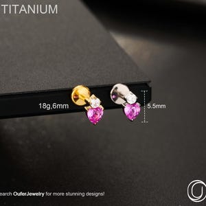 May include: Two titanium earrings with pink heart-shaped gems and a small white gem. One earring is gold-coloured, the other is silver-coloured. The earrings are 5.5mm in length and 18g, 6mm in size. The text "TITANIUM" is at the top.