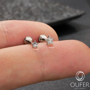 Op de afbeelding: Twee zilverkleurige ster-vormige oorstekers. Eén oorbel is 3 mm, de andere is 4 mm. Het woord "TITANIUM" staat bovenaan de afbeelding. De merknaam "OUFER BODY JEWELRY" staat rechtsonder.