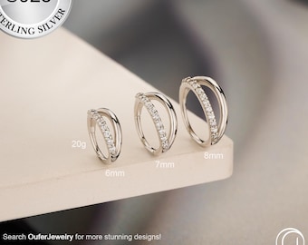 Aro doble de plata de ley 925 de 20G con circonitas cúbicas para nariz/pendiente de cartílago/aro para hélix/piercing de nariz/aro para lóbulo