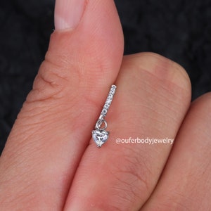 20G Paved CZ Dangle Heart CZ Hoop Earring/Nose Ring/Nostril Hoop/Cartilage/Helix Hoop/Huggie Hoop Earring/Minimalist Earrings/Gift For Her