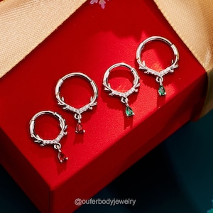 Bague de septum pendante en bois de cerf CZ/boucles d'oreilles Daith/Helix Hoop/Cliqueur de septum/Bijoux de septum/Septum en argent à charnière/Tragus/créoles de conque/Cadeau pour elle