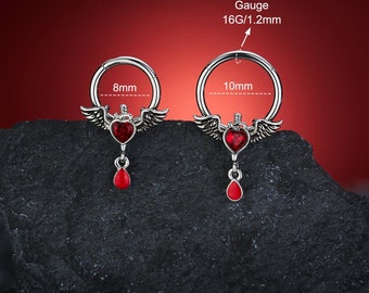 16G rotes Herz CZ Flügel Septum Ring/Pfeil durch Herz Hoop/Knorpel Ohrring/Halloween Jewerly/Helix/Conch/Tragus Piercing/Septum Schmuck