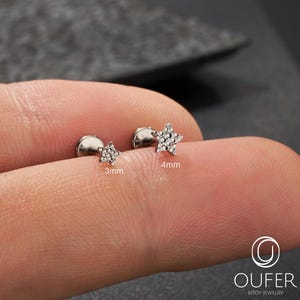 Könnte beinhalten: Zwei kleine, silberfarbene sternförmige Ohrringe mit klaren Kristallakzenten. Ein Ohrring ist 3 mm, der andere 4 mm groß. Das Wort "TITANIUM" ist oben links aufgedruckt. Die Ohrringe werden auf einem Finger präsentiert.
