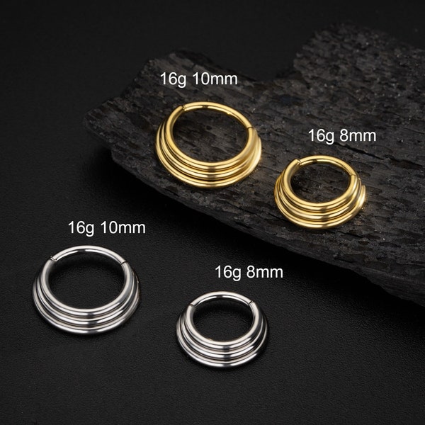 16G Surgical Steel Triple Line Septum Ring/Stacked Septum Clicker/Layered Helix Earring/Hinged Septum Hoop/Segment Conch Ring/Daith Clicker