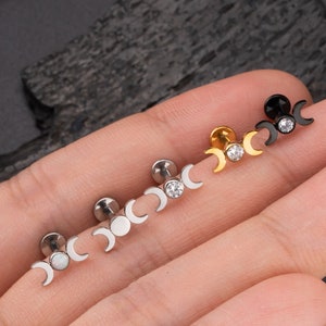 16G Moon & Sun Threadless Push-In Labret Stud/Tragus/Cartilage/Conch/Forward Helix Stud/Nose Piercing/Flat Back Earrings Silver Gold Black