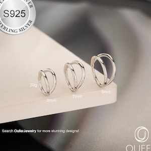 May include: Three silver-colored, double-hoop earrings of varying sizes are displayed. The earrings are labeled with their sizes: 20g, 6mm, 7mm, and 8mm. The image also includes the text "STERLING SILVER S925" and "Search OuferJewelry for more stunning designs!"