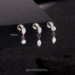 16G Titanium Dangle Round/Marquise CZ Cartilage Stud/Conch Stud/Helix/Tragus Stud/Flat Back Earring/1PCS/Internally Threaded Stud Earring