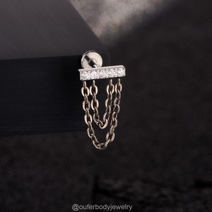 16G Titanium Dangle Chain CZ Rectangle Bar Cartilage Stud/Helix Earring/Tragus Stud/Flat Back/Labret Stud/Conch Stud/Internally Threaded