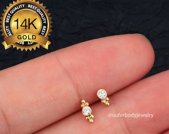 14K Gold CZ kralen Threadless Push Pin Labret Stud/neus/tragus/kraakbeen/conch/helix piercing/oorlel studs/draadloos uiteinde/platte achterkant oorbellen