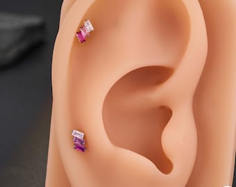 18G 6 mm tytanowy różowy/rubinowy prostokątny kolczyk z cyrkoniami do warg – bezgwintowy kolczyk z agrafką, płaski piercing do nosa 1 szt.