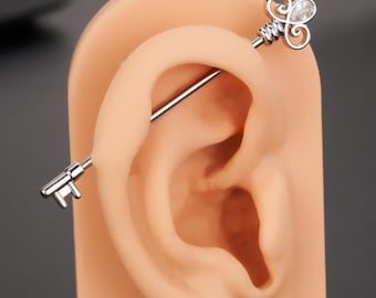 Key-Shaped Industrial Barbell – 14G 38mm Stainless Steel Silver Long Bar | Ear Bridge Piercing | Cartilage Earring | Halloween Jewelry Gift