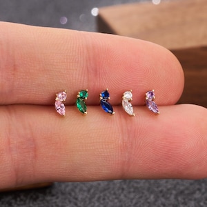 Clou labret sans filetage Minuscule gemme en or massif 14 carats | Bijoux multicolores pour cartilage CZ, conque, hélice, plat, tragus, lobe, piercing au nez
