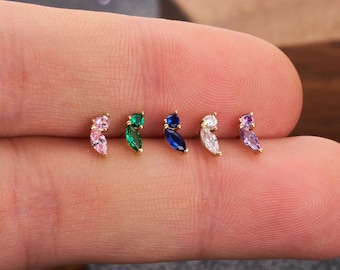 14K Solid Gold Tiny Gem Threadless Push-In Labret Stud | Multi-Color CZ Cartilage, Conch, Helix, Flat, Tragus, Lobe, Nose Piercing Jewelry