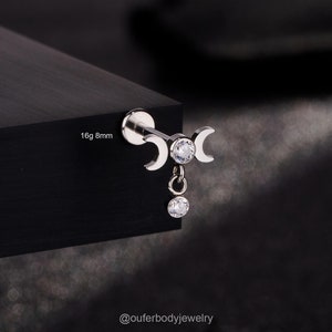 16G Surgical Steel Crescent Moon Dangle CZ Labret Stud/Cartilage Earring/Helix/Conch/Tragus Stud/Cartilage Stud/1PCS/Internally Threaded