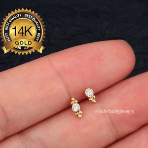 14K Gold CZ Beads Threadless Push Pin Labret Stud/Nose/Tragus/Cartilage/Conch/Helix Piercing/earlobe studs/Threadless end/Flat Back earrings