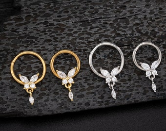 16G Butterfly CZ Dangle Septum Ring Gold Silver/Daith Earrings/Helix Hoop/Septum Clicker/Septum Jewelry/Tragus Hoop/Conch Hoop/Gift for her