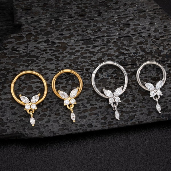 16G Butterfly CZ Dangle Septum Ring Gold Silver/Daith Earrings/Helix Hoop/Septum Clicker/Septum Jewelry/Tragus Hoop/Conch Hoop/Gift for her