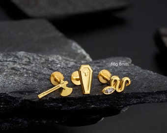 16G Internally Threaded Snake/Axe/Coffin Cartilage Earring/Labret Piercing Stud/Helix/Conch/Tragus Flat Back Stud/Monroe Stud/Halloween Gift